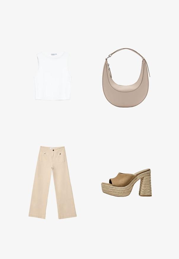 Bela, brezrokavna bodi iz gladkega, raztegljivega materiala; ima okroglo izrez in ravno rob. Čista, preprosta zasnova.; Bež hlače širokega kroja iz mehkega bombaža, z dvema sprednjima žepoma in srebrnimi elementi, ravno krojene in natančno dokončanimi robovi.; Rjave zamšaste platforme mule z odprtim prstom, ki imajo masiven pleteni juten peto in gladko, zaobljeno zgornjo zasnovo.; Bež usnjena torba za rame v obliki kružnice, z gladko teksturo in eno ukrivljeno zanko. Ima zadrgo in urejen šiv.; Zlato večslojna ogrlica z valovitimi oblikami; ima gladko, odbojno metalno teksturo in nastavljiv ketni za prilagoditev dolžine.