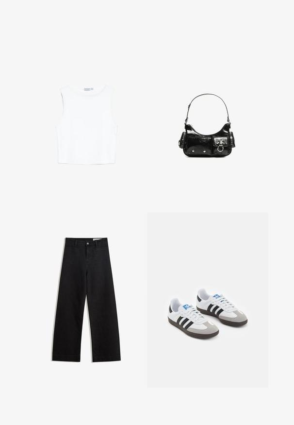 Bílý bezramínkový crop top vyrobený z hladké, elastické látky; má kulatý výstřih a rovný lem. Čistý, jednoduchý design.; Černé denimové kalhoty s volným střihem a vysokým pasem, vybavené předními a zadními kapsami, prošívanými švy a knoflíkovým zapínáním. Hladká textura.; Sportovní boty s bílým koženým svrškem, šedou semišovou špičkou a třemi černými pruhy. Obsahují modré logo na jazyku a texturovanou gumovou podrážku.; Černá lakovaná kožená kabelka s křivkovým tvarem, jedním ramenním popruhem, předními kapsami a stříbrnými kovovými detaily.