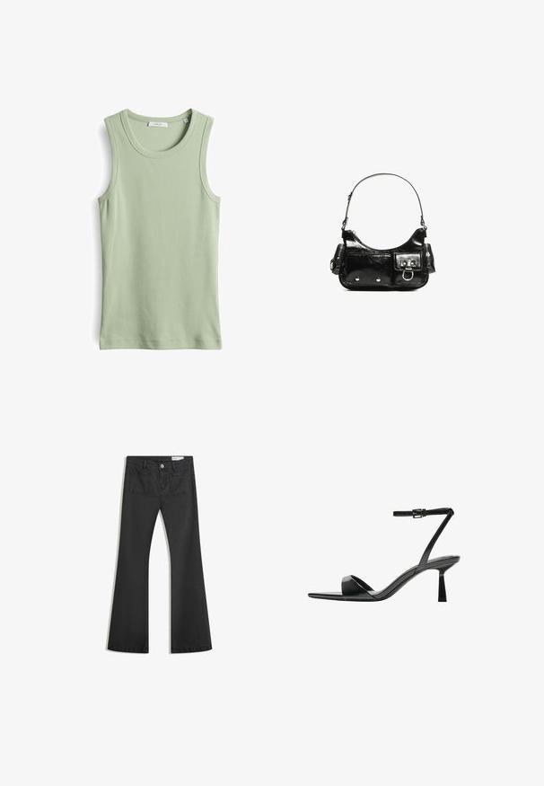 Top senza maniche di un verde chiaro, realizzato in tessuto a coste. Presenta un collo rotondo e spalline. Design semplice e aderente. Senza motivi o accenti.; Jeans neri a campana realizzati in denim con una texture liscia, dotati di due tasche posteriori e chiusura con bottone in vita.; Bershka Sandali con tacco - black; Borsa a spalla in vernice nera con forma curvata, una tracolla, tasche frontali e dettagli in metallo argentato.
