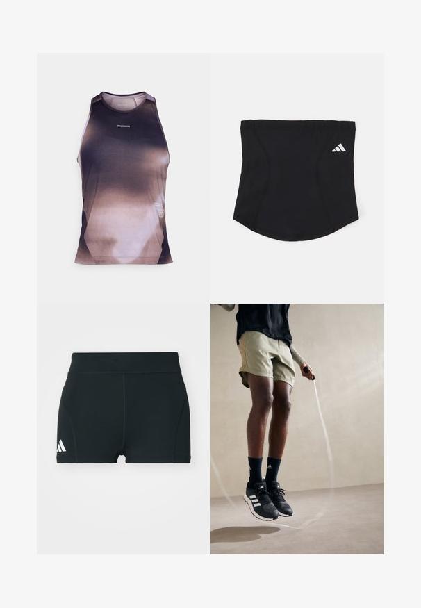 Mannen mouwloos tanktop in verloopkleuren van zwart en bruin, met een mesh-structuur en platte naden voor comfort. Merkenlogo zichtbaar.; Zwarte sportieve shorts van rekbaar materiaal, met een hoge tailleband, aangesloten pasvorm en een wit Adidas-logo aan de linkerkant.; Zwarte sportieve schoenen met witte strepen, olijfgroene korte broek en marineblauwe sokken. Een springtouw is in de handen van de persoon. Neutrale achtergrond.; Zwarte sportieve haarband met een gladde textuur, gebogen vorm en elastische bovenkant. Bevat een klein wit Adidas-logo aan de zijkant.