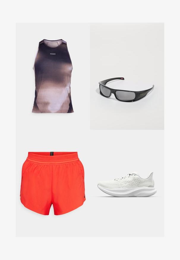 Mannen mouwloos tanktop in verloopkleuren van zwart en bruin, met een mesh-structuur en platte naden voor comfort. Merkenlogo zichtbaar.; Rode sportieve shorts gemaakt van lichtgewicht stof met een elastische tailleband, voorzien van zijzakken en een klein zwart logo op de zoom.; Witte sportieve schoenen met een gestructureerde bovenkant, vetersluiting en een gevoerde zool met een golfvormig profiel. Subtiele branding aan de zijkant.; Zwarte Oakley wraparound zonnebril met donkere rechthoekige glazen en gebogen armen op een eenvoudige witte achtergrond.