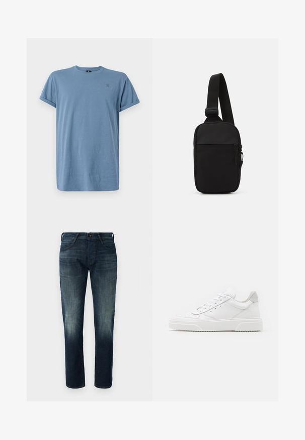 G-STAR LASH - Lihtne T-särk - avio; Tumed sinised sirged denim püksid, millel on kerged pleekimised reitel ja põlvedel, esipoolne nööp ja tõmblukk, ning viis taskut.; Valged nahast spordijalatsid siledast nahast viimistlusega, ümarate varvastega, lamekestega ja tekstuuriga tallaga. Hall suede aktsent kanna juures.; Mustmust crossbody kott mustekangast, millel on üks reguleeritav rihm, lukuga põhiosas ja eesmine tasku.