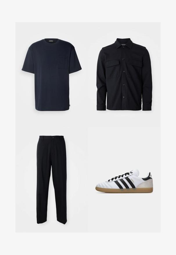 Námornícky modré tričko s krátkym rukávom vyrobené z mäkkej bavlny. Obsahuje náprsné vrecko a voľný strih s oblým lemom. Klasický okrúhly výstrih.; Čierna bunda s dlhým rukávom, golierom, predným zapínaním na gombíky a dvoma náprsními vreckami na jednoduchom bielom pozadí.; Čierne nohavice rovného strihu s pútkami na opasok, zapínaním na gombík a elegantným, minimalistickým dizajnom na neutrálnom pozadí.; Biele tenisky Adidas Samba s čiernymi pruhmi, čiernymi šnúrkami, béžovou semišovou pätou a gumovou podrážkou, zobrazené v ľavom bočnom profilu.