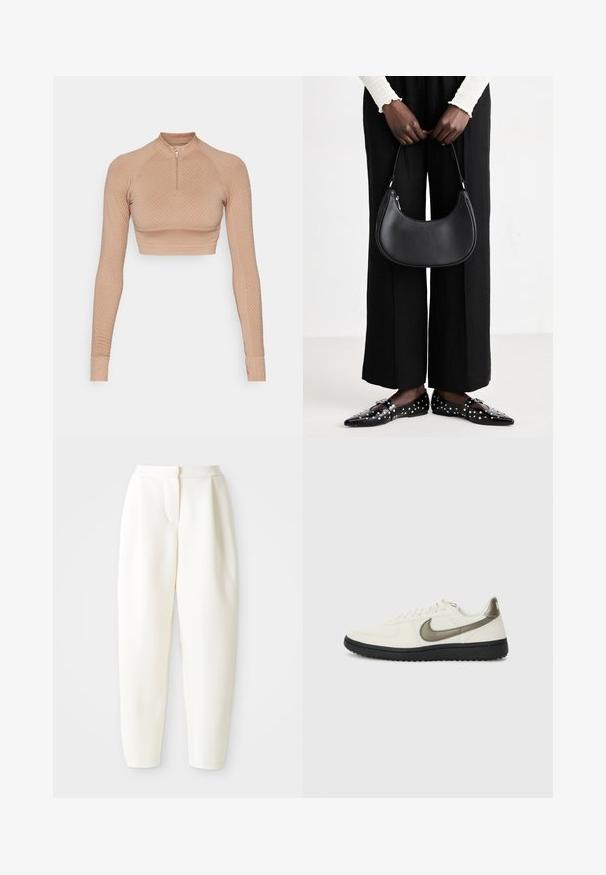 Langærmet crop top i en lys beige farve med struktureret diamantmønster, kvart lynlås lukning og tætsiddende ærmer med ribbede manchetter.; Højtaljede tapered hvide bukser med skjult frontlukning og sidelommer, vist på en ensfarvet hvid baggrund.; Nike Sportswear FIELD GENERAL - Sneakers - off-white/black; Sort læder skuldertaske med rund form, glat finish og sølv hardware. Person iført sorte brede bukser og nitter loafers.