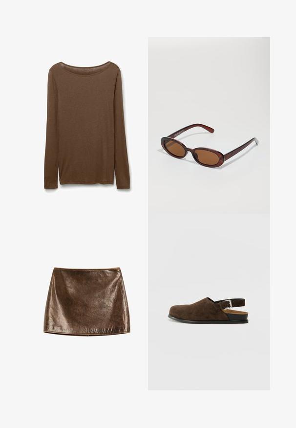 Brown long-sleeve shirt made of soft fabric, featuring a scoop neckline and straight cut with side slits at the hem for ease.; Brown metallic mini skirt with a smooth, shiny texture. Features a simple design and clean lines, with a straight hem at the bottom.; Brown suede slip-on shoe with a low heel, an adjustable strap with a silver buckle, and a black rubber sole.; Round, brown-tinted sunglasses with a glossy burgundy frame. Slim arms with subtle branding detail. Flat lens design.; Brown suede hobo bag with a soft, slouchy shape, featuring a single shoulder strap and a subtle seam detail along the edges.