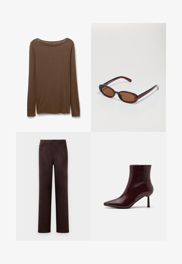 Brązowa, długozasłonowa koszula wykonana z miękkiego materiału, z okrągłym dekoltem i prostym krojem z bocznymi rozcięciami u dołu dla wygody.; Proste nogawki, ciemno-brązowe spodnie z zamszu z zapięciem na guzik i zamek błyskawiczny, szlufkami na pasek oraz kieszeniami bocznymi.; Burgundowe lakierowane botki za kostkę z ostrym noskiem i smukłym obcasem w szpilkę, charakteryzujące się gładką, błyszczącą teksturą i minimalistycznym designem.; Okrągłe, brązowe okulary przeciwsłoneczne z błyszczącą bordową oprawą. Cienkie ramiona z subtelnym detalem marki. Płaski kształt soczewek.; Torebka w kolorze burgundowym, pleciona, o zaokrąglonym kształcie i pojedynczym uchwycie, z teksturowaną powierzchnią oraz elastycznym zaciąganym zapięciem.