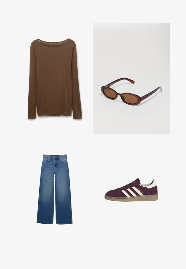 Bruine lange mouwen shirt van zachte stof, met een ronde halslijn en rechte snit met zijsplitten aan de zoom voor extra bewegingsvrijheid.; Wijde blauwe denim jeans met een hoge taille, gestikte accenten en een eenvoudig ontwerp met een lichte vervagingseffect.; Bordeauxsuède sneaker met witte drie strepen en beige accenten. Voorzien van een gestructureerde rubberen zool en gouden branding aan de zijkant.; Ronde, bruin getinte zonnebril met een glanzend bordeauxrood frame. Slanke pootjes met subtiele merkdetails. Vlakke lensontwerp.; Bruine geweven leren handtas met een slonzig, driehoekig model. Voorzien van een gevlochten handvat en een ritssluiting aan de bovenkant.