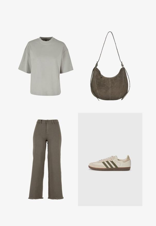 Szürke, rövid ujjú póló, kerek nyakkivágással, puha pamut anyagból készült, laza szabású és minimális varrási részletekkel.; Olivazöld, bő szárú nadrág denimből, gombos záródással, rojtos szegéllyel és elülső zsebekkel. Egységes, sima textúra.; adidas Originals SAMBA OG UNISEX - Sportcipő - alumina/medium dark khaki/gum; Barna velúr hobo táska ívelt formával, kontraszt varrással, egyetlen vállpánttal és cipzáras záródással. Az anyag sima textúrával rendelkezik.