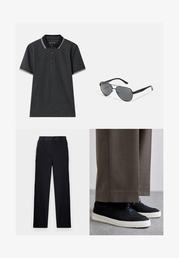 Svart polo-skjorte med et gjentatt "MK" mønster, kortermet, tre knapper ved kragen, og kontrasterende stripet besetning på kragen.; Sorte bukser med lett og teksturert stoff, rett ben-design, elastisk midjebånd og sidelommer med glidelås.; Svarte suedeglans sneakers med hvite gummisåler, med rund tå og lisser, iført grå skreddersydde bukser.; Svarte pilotbriller med mørke linser, tynn metallramme og slanke plastarmer med logo aksenter.
