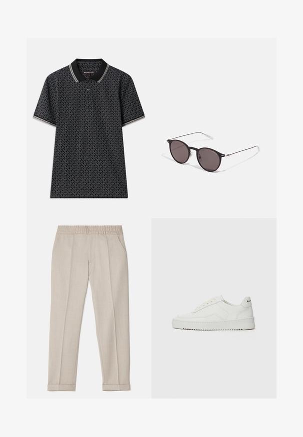 Melna polo krekls ar atkārtotu "MK" rakstu, īsām piedurknēm, trim pogām pie apkakles un kontrastējošu svītru apmalēm apkaklē.; Filippa K TERRY CROPPED TROUSERS - Auduma bikses - sage melange; Baltas ādas sneakers ar gludu virsmu, apaļu pirkstu daļu, plakaniem šņorēm un teksturētu zoli. Satur diskrētu logotipu uz papēža.; Melni apaļi saulesbrilles ar tumšiem lēca un plānām metāla stangām. Iekļautas caurspīdīgas tempļu galviņas un sudraba akcenti pie eņģes. Minimalistisks dizains.