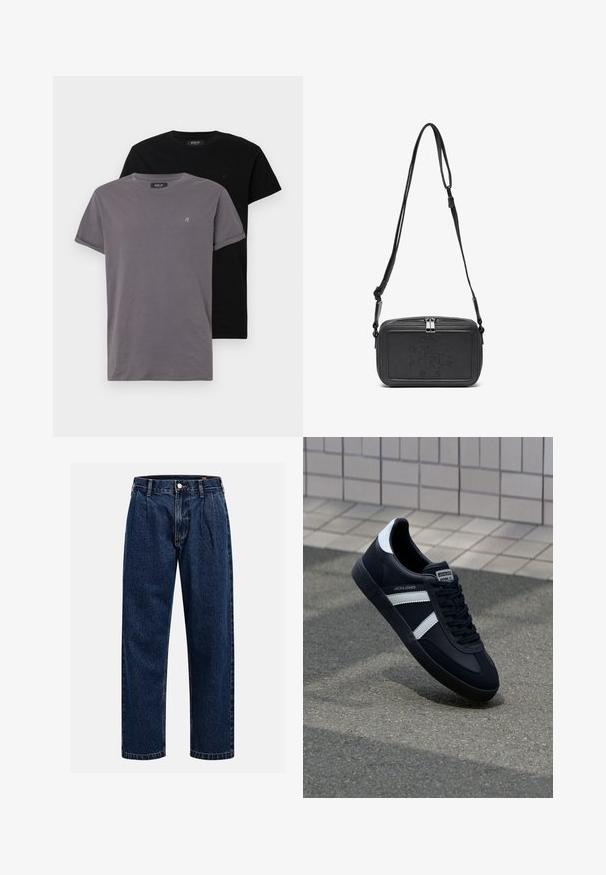 Kaks ümmarguse kaelusega t-särki; üks hall ja teine must. Mõlemad on valmistatud pehmest puuvillast ning neil on rullitud varrukad ja väike logo rinnal.; Tumed sinine denimiteksad sirge lõikega. Omavad nähtavat tikandit, nuppe sulgemiseks ning ees olevaid voldikesi lisadetailiks.; Must have musta sneaker musta valgete triipudega, tekstuurne kummitald ja nööridega esiosa. Omab bränditud märki keele peal.; Musternast mustriga nahast ristiõlgadega kott, millel on tõmbluku sulgemine, esiküljel on sissepressitud logo ja reguleeritav rihm. Sile tekstuur ja ristkülikukujuline kuju.