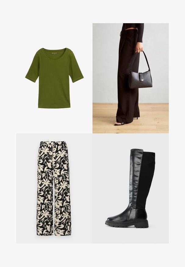 Olivově zelené tričko s kulatým výstřihem a krátkým rukávem. Vyrobeno z hladké tkaniny, má minimální švy podél okrajů.; Černé kalhoty s širokými nohavicemi a krémovým květinovým vzorem. Vyrobené z lehké tkaniny, s hladkým povrchem a vysokým pasem.; Černé kozačky až po kolena s hladkým koženým předkem a textilní zadní částí, vybavené texturovanou gumovou podrážkou a zaoblenou špičkou.; Černá kabelka se strukturovaným tvarem, hladkým povrchem a kovovým uzávěrem. Kombinována s širokými černými kalhotami a sandály s otevřenou špičkou na dřevěné podlaze.