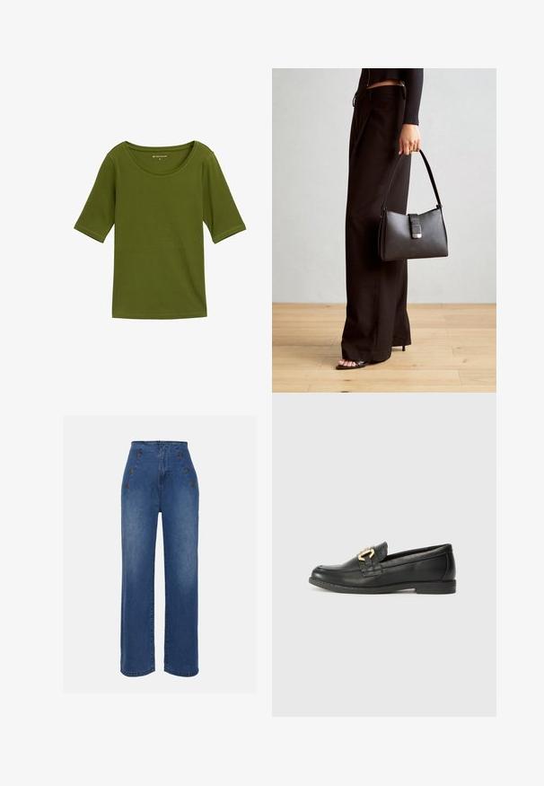 Olivgrünes T-Shirt mit rundem Halsausschnitt und kurzen Ärmeln. Hergestellt aus glattem Stoff, mit minimalen Nahtdetails entlang der Kanten.; Hochgeschnittene Jeans aus Denim in mittlerem Blau. Besitzt auffällige Knopfdetails vorne und einen weit geschnittenen Stil. Der Stoff hat eine glatte Textur mit leichten Ausbleichungen.; Schwarze Lederloafer mit runder Zehenform, ausgestattet mit einem goldfarbenen Schnallenakzent und einem niedrigen Absatz, glatter Textur und minimalen Nähdetails.; Schwarze Handtasche mit strukturierter Form, glatter Textur und einem metallischen Verschluss. Kombiniert mit weiten schwarzen Hosen und offenen Sandalen auf einem Holzboden.