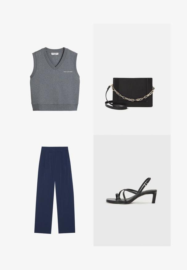 Gilet sans manches gris à col en V avec bordures côtelées et petit logo "marc o polo denim" sur la poitrine.; Pantalons larges bleu marine en tissu doux, dotés de pliures à l'avant, d'une texture lisse et d'une coupe droite sans poches visibles.; Sandale noire à lanières avec un bout carré et un petit talon bloc. Elle présente plusieurs fines lanières et une sangle de cheville ajustable. Fabriquée en cuir lisse.; Sac bandoulière en cuir noir avec une texture lisse, de forme rectangulaire et un détail en chaîne métallique à l'avant. Sangle réglable incluse.