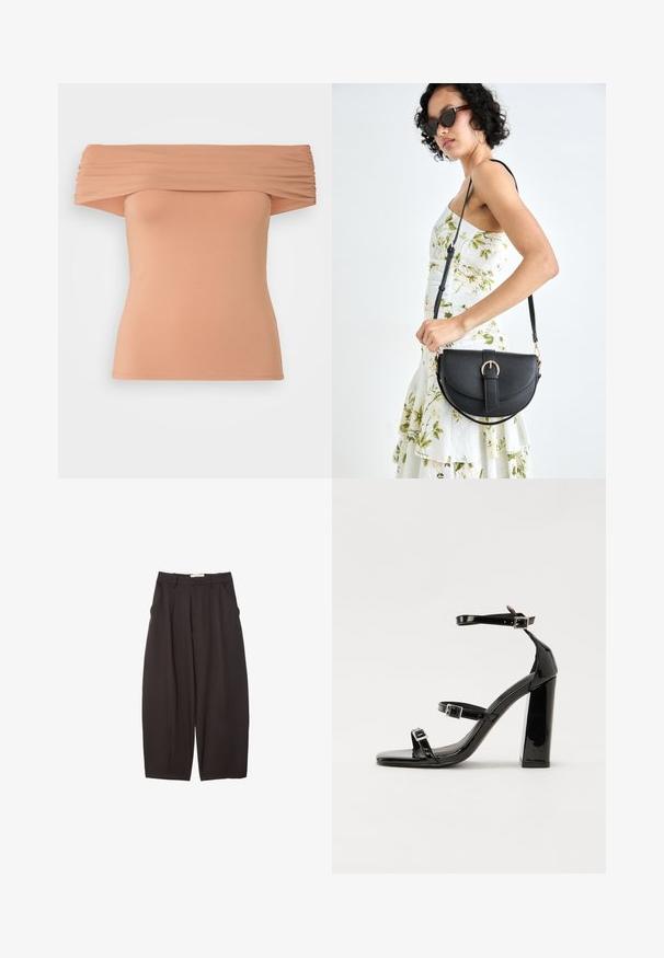 Top z odkrito ramo v svetlo breskvi, z gubanjem tkanine pri ovratniku, prilega se telesu in ima gladko elastiko.; Črne široke hlače iz gladkega materiala, z visokim pasom, zgornjimi pregibi in stranskimi žepi. Preprost dizajn brez okrasnih elementov.; Črne lakirane sandale s peto, kvadratnim prstom, trakovi okrog gležnja in srebrnimi zaponkami. Opremljene so s stabilno Debelo peto.; Črna usnjena torbica s ukrivljeno obliko, z odstranljivo naramnico in zlatimi dodatki. Torbica ima pokrov s podrobnostmi v obliki zaponke.