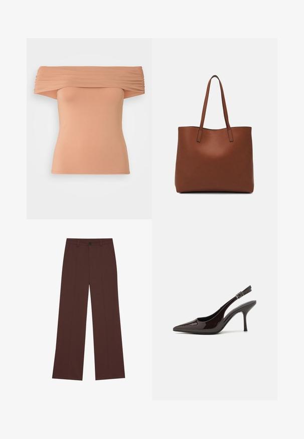 Švarkelis be pečių šviesiai persikų spalvos, su surinkta medžiaga prie kaklo, prigludusiu siluetu ir lygiu džersio audiniu.; Platūs kelnės iš turtingos rudos medžiagos. Savybėse yra mygtukų uždarymas, dvi priekinės kišenės, lygi tekstūra ir švarios linijos.; Blizganti tamsiai ruda lakinės odos aukšto kulno bateliai, smailus nosis, atviros šoninės dalys ir reguliuojamas kulkšnies dirželis.; Ruda odinė priekabų krepšys su glotnia tekstūra, atviru viršumi ir dviem petnešomis. Su minimalia siuvimo detalėmis ir nematoma aparatūra.