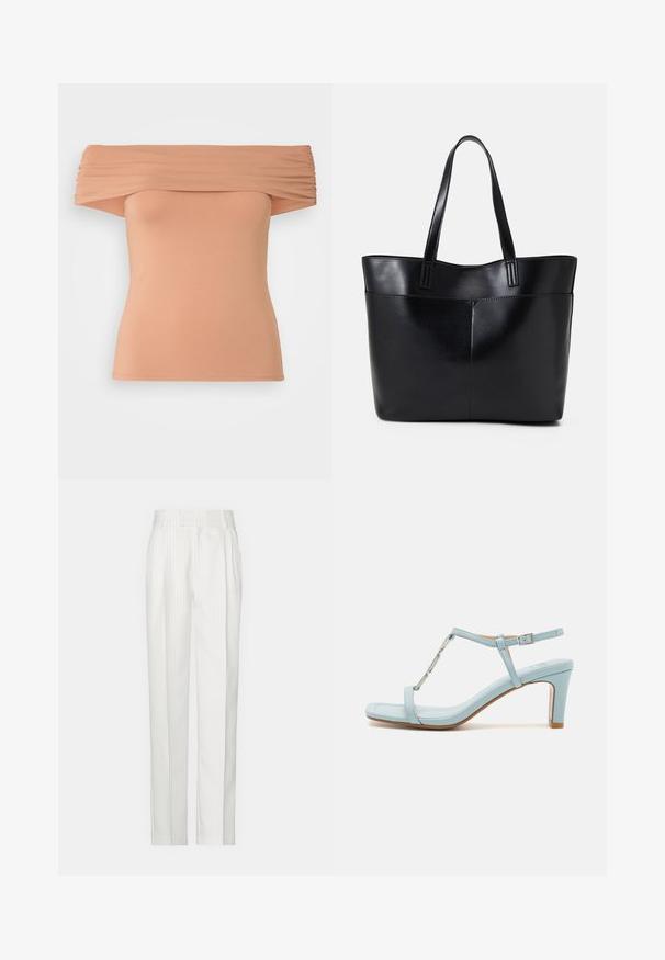 Top bez ramienok v svetlej broskyňovej farbe, ktorý má na krku zhrnutú textíliu, priliehavý strih a hladkú jersey textúru.; Biele pruhované nohavice so strihať priamym strihom, vyrobené z ľahkého materiálu. Obsahujú preklady vpredu a klasický pás.; Svetlomodré sandále na vysokom podpätku so členkovým remienkom a štvorcovým špičkovým dizajnom, s kovovým akcentom a elegantnou, hladkou koženou textúrou.; Čierna kožená tote taška s dvoma dlhými rúčkami, hladkým povrchom a štruktúrovaným tvarom. Obsahuje prednú kapsu pre dodatočné uskladnenie.; Strieborné kruhové náušnice s hladkým, okrúhlym dizajnom a lesklým povrchom. Sú tenké a ľahké, s jednoduchým uzáverom.