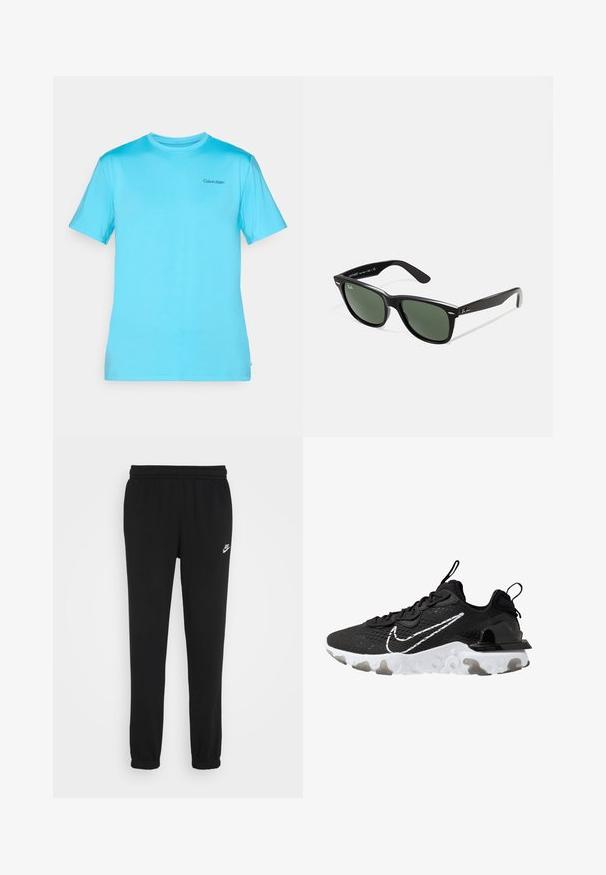 Šviesiai mėlyna trumpomis rankovėmis marškinėliai, pagaminti iš lygaus audinio. Žymi apvalų kaklą ir mažą juodą logotipą ant krūtinės.; Juodos sportinės kelnės su elastingu juosmeniu, su sutrauktomis kulkšnimis ir mažu baltu Nike logotipu kairėje pusėje. Pagamintos iš minkštos tekstūruotos medžiagos.; Juodos sportinės bateliai su tekstūruotu audiniu, baltas Nike ženklas ir storas baltas padas. Yra vilkimo kilpa ant kulno, kad būtų lengva užsidėti.; Juodi plastikiniai saulės akiniai su žaliais objektyvais, kvadratiniais rėmeliais, sidabriniu akcentu ant antakio ir tekstūruotais šventyklų šakutėmis. Vidinėje šakutėje nurodyta prekės ženklo pavadinimas.
