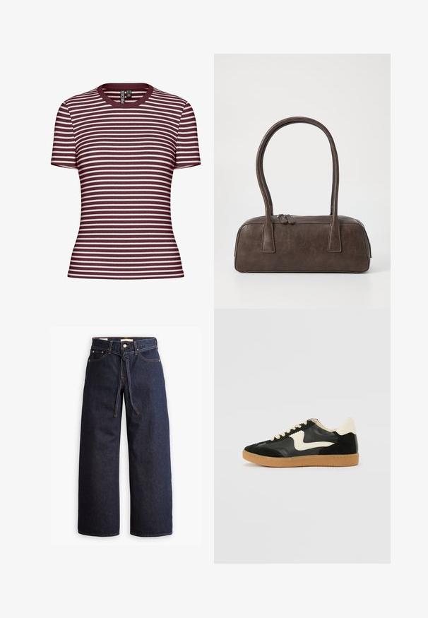 Bordo un balta svītraina t-krekls ar īsām piedurknēm, ar ribotu tekstūru un apaļu izgriezumu.; Plati zili džinsi ar augstu jostasvietu, ar šnaukaša saišu, piecām kabatām un kontrastējošiem šuvju akcentiem.; Melna zamšāda un ādas sporta apavi ar krēmkrāsas sānu svītru un gaiši krēmkrāsas papēdi. Ar beigu krāsas auklām un gumijas zole.; Brūna ādas rokassoma ar divām izturīgām rokturām, taisnstūra forma, gluda tekstūra un ar rāvējslēdzēju. Minimālisma dizains bez redzamām rakstzīmēm.