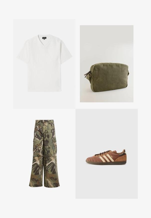 Camiseta blanca de manga corta con cuello en V, confeccionada en una tela texturizada con un patrón sutil. Presenta un pequeño logo en el pecho.; Pantalones cargo de camuflaje con un diseño de pierna ancha, fabricados con tela duradera en tonos verdes, marrones y beiges, que cuentan con bolsillos cargo y cierre de botón.; adidas Originals SAMBA UNISEX - Zapatillas - preloved brown/sand strata/dark brown; Bolso de lienzo verde oliva con forma rectangular, cierre con cremallera y detalles de cuero en el tirador de la cremallera.