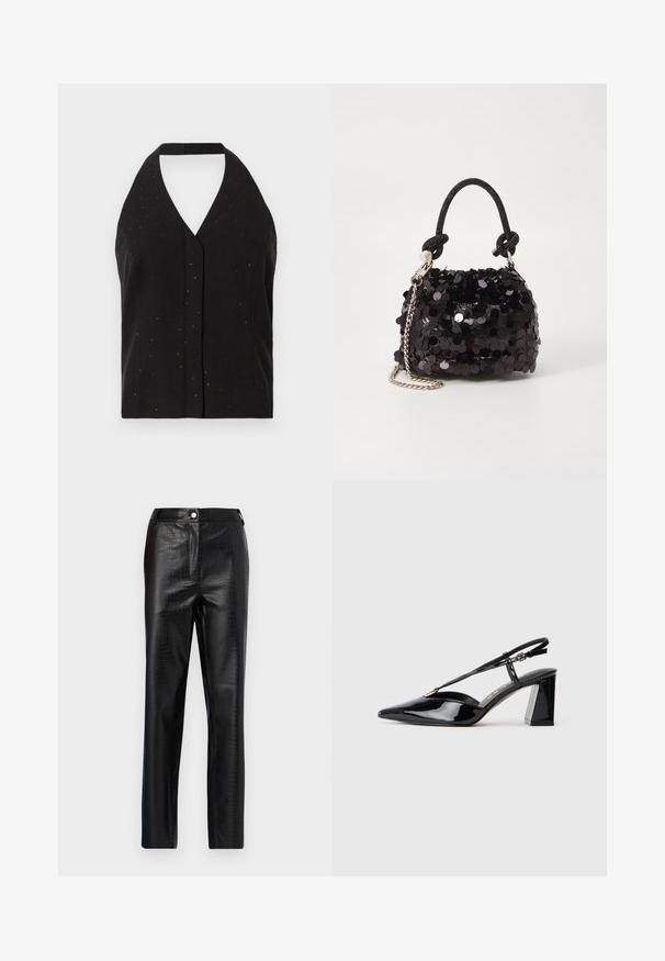 Top halter fără mâneci, de culoare neagră, cu un decolteu adânc în V, embellishments strălucitoare subtile și un design ajustat cu un sistem de închidere la spate cu cravată.; Pantaloni din piele ecologică negri cu model de crocodil, fit slim, design drept, având închidere cu nasture în față și talie standard.; Pantofi cu toc înalt din piele patent neagră, cu vârf ascuțit, curea ajustabilă și toc pătrat chunky.; Geantă mini neagră cu paiete, cu un umar texturat înnodat și un lanț argintiu. Formă rotundă cu partea de sus adunată și detalii reflectorizante.