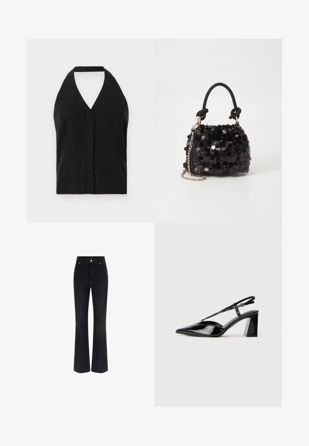 Must muströömine ja selja sidumisvõimalusega must halternekuga top, millel on sügav V-kaelus ja tagasihoidlikud sädelevad kaunistused.; Mustad denimist vööb koos kõrge vöörettevõtte, viie tasku disaini ja metallist nupuga aksessuaaridega külgedel. Sile tekstuur ja klassikaline lõige.; Mustadast mustast lakknahast kõrge kontsaga kingad, millel on terav varvas, reguleeritav rihm ja jäme ristkülikuline konts.; Must have mustrõngus mustal sädelev mini käekotil on sõlme tekstuuriga rihm ja hõbedane ketis. Ümar kuju, kokku kogutud ülaosa ja peegeldav detail.