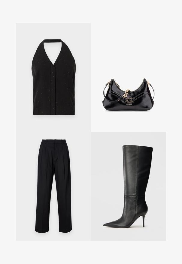 Black sleeveless halter top featuring a deep V-neck, subtle sparkling embellishments, and a fitted design with a back tie closure.; Black trousers with a tailored design, featuring a high waist, pleats, and straight leg cut. Made from smooth fabric with a solid color.; Black leather knee-high boot with pointed toe and slim stiletto heel, smooth texture, side profile on neutral background.; Black patent leather bag featuring a curved design, gold hardware accents, and a prominent logo. Includes a removable shoulder strap.