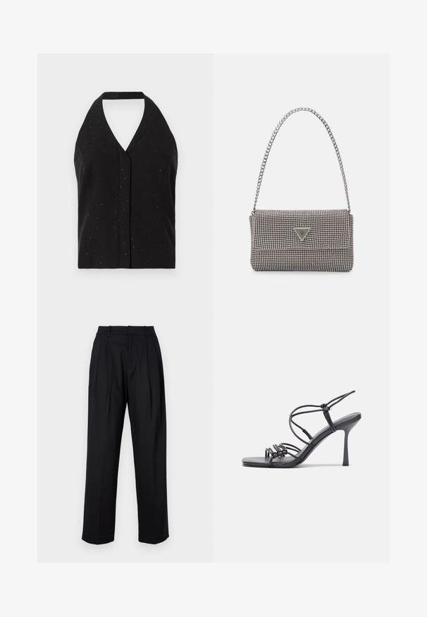 Juodas be rankovių halterio stilius su giliu V-kaklu, subtiliais žvilgančiais akcentais ir prigludusia forma su užsegimu nugaroje.; Juodos kelnės su pritaikytu dizainu, turinčios aukštą liemenį, raukšles ir tiesius džinsus. Pagamintos iš lygaus audinio, vienos spalvos.; Juodos aukštakulnės sandalai pasižymi plonyčiais dirželiais su mazgo dizainu, lygiu kvadratiniu pirštu ir elegantišku stiletto kulnu.; Šviesiai pilka metalinė rankinė su grandinėlės dirželiu, papuošta mažais apvaliais metaliniais smeigėmis ir trikampiu prekės ženklu.; Sidabrinės auskarai žiedai su lygiu, blizgiu paviršiumi. Suapvalinta forma, lengvas dizainas, su uždarymu ant smeigtuko.