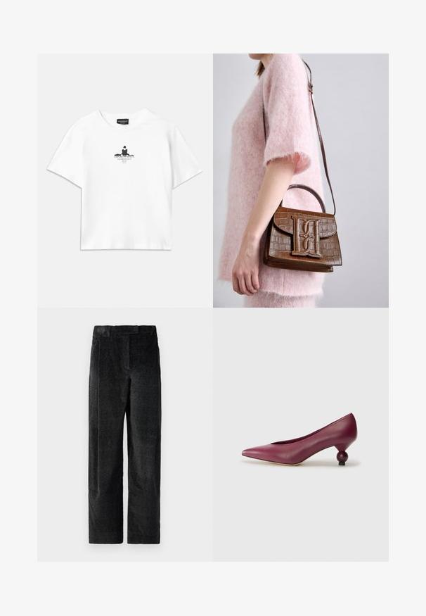 Biely bavlnený tričko s voľným strihom, ktoré na strednej časti obsahuje čierny grafický potlač vrátane textu a siluety.; Čierne, textúrované nohavice s širokými nohavicami a výrazným tkaním, s prednými skladmi a plochým pásom. Klasický dizajn pre všestrannosť.; Burgundské kožené lodičky s špicatou špičkou a jedinečným okrúhlym podpätkom. Hladká textúra s minimálnym dizajnom a bez viditeľných vzorov.; Hnedá kabelka s embosovaným vzorom krokodíla, so spodnou rukoväťou a ramenným popruhom. Obsahuje výrazné logo na prednom klape. Mäkká textúra.