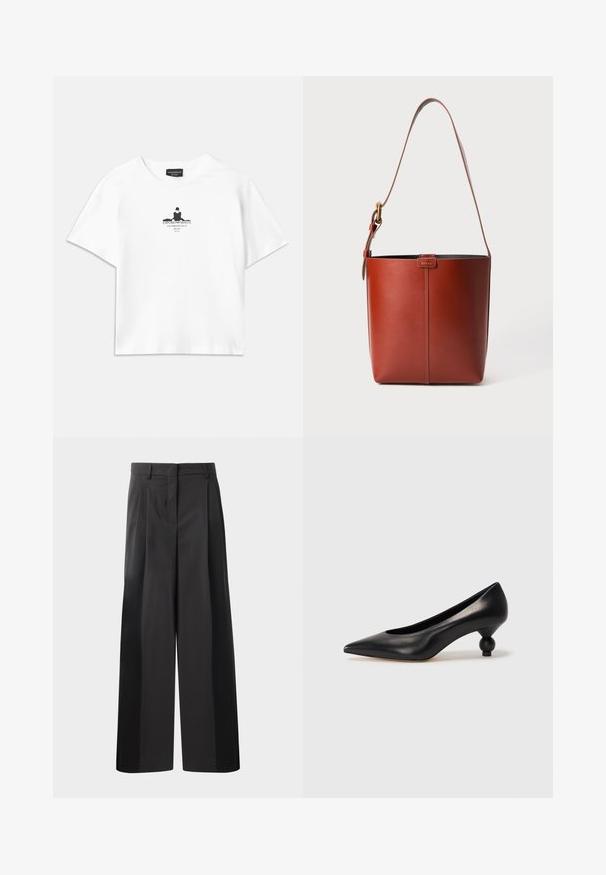 Valge puuvillane t-särk, millel on lahtine lõige, koos keskosas asuva musta graafilise trükiga, mis sisaldab teksti ja silueti disaini.; Mustad laiad püksid kõrge vöökohaga, millel on ees voldid, sile tekstuur ja õmmeldud viimistlus. Kujundatud lõdva istuvuse saavutamiseks.; Must musta kõrge kontsaga king, millel on terav nina ja ümar, pallikujuline konts. Sile pind ja elegantne, minimalistlik disain.; Pruun nahast ämbri kott reguleeritava õlavööga ja kuldse määrdega, lihtne vertikaalne õmblusdetail ees.