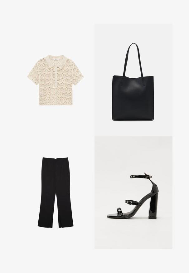 Kratka majica s kratkimi rokavi iz čipke v kremni barvi, s ovratnikom, gumbnim zapenjanjem in vzorcem v obliki diamanta po celotni površini. Lahek, teksturiran material.; Črne hlače ravnega kroja z naglavnimi žepi in stranskimi razporki na robu. Narejene iz mehke, gladke tkanine. Primerne za različne priložnosti.; Črne lakirane sandale s peto, kvadratnim prstom, trakovi okrog gležnja in srebrnimi zaponkami. Opremljene so s stabilno Debelo peto.; Črna usnjena torba s svilnato teksturo, pravokotne oblike in dvema dolgima ročajema. Brez vidnih metalnih delov ali okrasnih elementov.