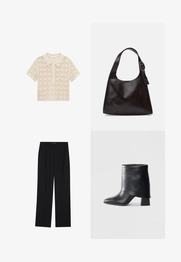 Kurzarmpullover aus Spitzenstrick in Creme, mit Kragen, Knopfleiste und durchgehendem Rautenmuster. Leichter, strukturierter Stoff.; Schwarze Hose mit geradem Bein, ausgestattet mit zwei frontalen Taschen und einem Taillenbund. Hergestellt aus einem glatten, leichten Stoff.; Schwarze Lederstiefelette mit spitzer Zehenform, glatter Oberfläche und strukturiertem Blockabsatz. Mit einem hohen, gefalteten Schaftdesign.; Braune Lederumhängetasche mit glatter Textur, runder Form, breitem Tragegurt und metallischem, kreisförmigem Akzent am Griff.