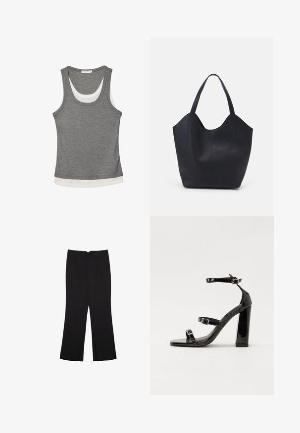 Top grigio realizzato in tessuto a costine, con orlo a strati bianchi e scollo rotondo. Il design è senza maniche e presenta una forma aderente.; Pantaloni neri a gamba dritta, con tasche frontali e spacchi laterali all'orlo. Realizzati in tessuto morbido e liscio. Adatti a diverse occasioni.; Sandali con tacco in vernice nera, con punta squadrata, cinturini alla caviglia e fibbie in argento. Presentano un tacco a blocco spesso per maggiore stabilità.; Borsa tote nera realizzata in pelle liscia, con una parte superiore curva e aperta, dotata di due manici per spalla e un design minimalista.
