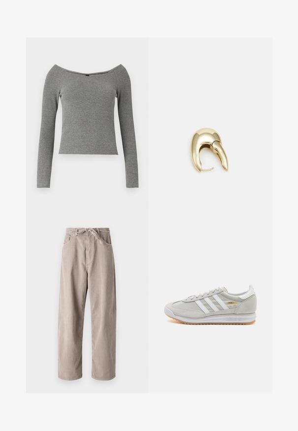 Hallitatud hall ribadega pika varrukaga pluus, millel on õlavarre üle kaela disain, tihe lõige ja sile tekstuur. Ei mingeid nähtavaid riistu ega mustreid.; Beige kammkootud püksid, millel on mugav lõige, paelaga vöökoht, kaks eesmist taskut ja vertikaalne soonik tekstuur.; Heled hallid tossud, mis on valmistatud nubukist ja võrgust, millel on kolm valget triipu, ümmargune varvas ja kummist tald. Kuldne logoelement paelte lähedal.; Kuldtooni metallist kõrvarõngas, millel on elegantne ja kaarjas disain. Omab silmapaistvat teravat kuju, poleeritud pinda ja hingesulgemist.