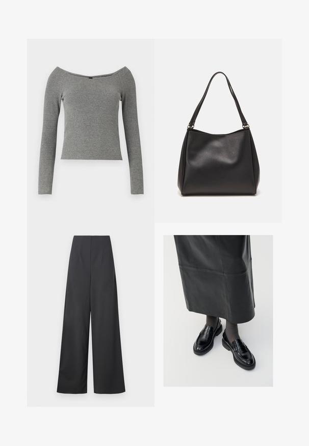 Pilkas raukšlėtas ilgomis rankovėmis viršus su nuolaidžiu kaklu, prigludęs dizainas ir lygus paviršius. Nėra matomų metalinių detalių ar raštų.; aukšto juosmens, plačių kojų kelnės tamsiai pilkos spalvos audiniu su lygiu paviršiumi. Neturi matomų kišenių ar papuošimų.; Juodos odinės loafer bateliai su glotniu paviršiumi, dekoratyvine juostele, apvalia nosimi ir tekstūruotu padu. Dėvimi su ilga juoda odine sijonu.; Juodas sintetinis odos rankinukas su minkšta tekstūra, hobo formos ir dviem petnešomis; turi blizgų paviršių ir minimalistinį dizainą.