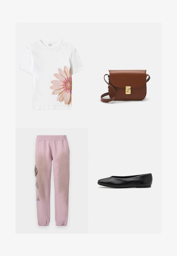 Hvid bomulds T-shirt med et stort pink og guld blomstergrafik på venstre side. Korte ærmer og rund halsudskæring.; Lyserøde sweatpants med elastisk talje, prydet med dekorative patches i diamantform på venstre side og elastiske manchetter ved anklerne.; Paul Smith TOPANGA - Ballerinasko - black; Brun læder håndtaske med flaplukning, hardware i gyldent tone, en skulderrem og en glat overflade. Kompakt rektangulær form.
