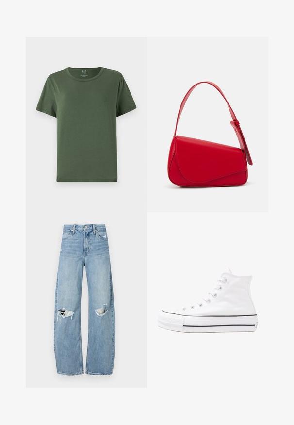 Green cotton t-shirt with short sleeves, crew neck, and a relaxed fit. Features a straight hem and minimalistic design.; Light blue, high-waisted jeans made of denim. Feature wide legs, two torn knee areas, and classic five-pocket styling.; White high-top canvas sneaker with black rubber sole, front rubber toe cap, and six eyelets for laces, featuring a clean, minimalist design.; Red leather handbag with an angular, geometric design. Features a single adjustable strap and a flap closure with stitched detailing.