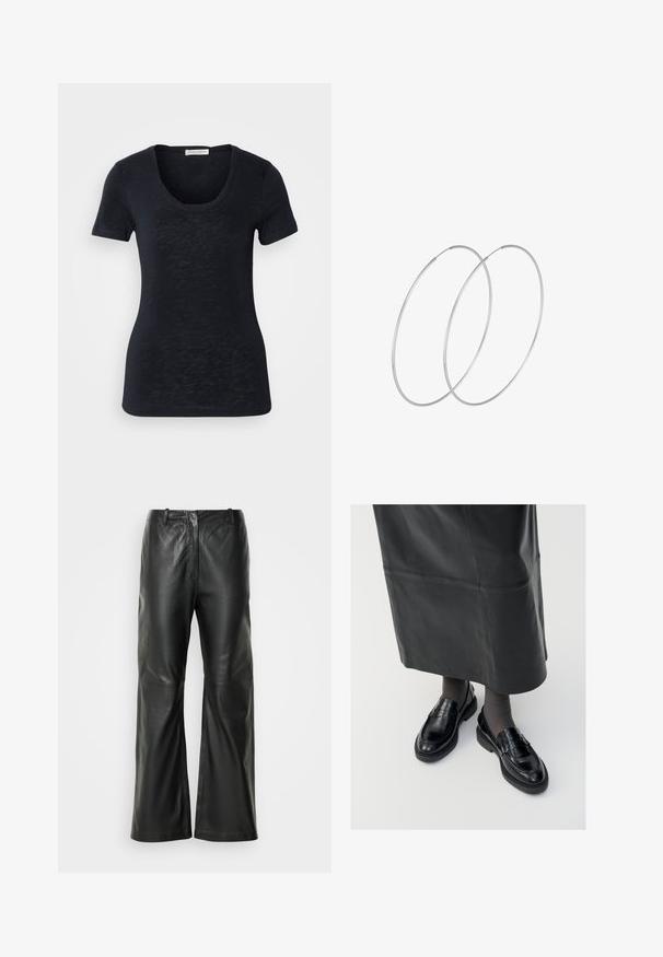 Lyhythihainen musta t-paita, jossa on pyöreä pääntie, kevyt rakenne ja vartalonmyötäinen siluetti, johon kuuluu hienovaraisia kangasvaihteluja.; Mustat nahka leveälahkeiset housut, joissa on sileä pinta, keskikorkea vyötärö ja minimaalinen ompelus yksityiskohtana edessä.; Musta nahka loaferit sileällä pinnalla, jossa on koristeellinen hihna, pyöreä kärki ja teksturoitu pohja. Yhdistetty pitkän mustan nahkahameen kanssa.; Hopehope hopeilla, joissa on minimalistinen muotoilu. Pyöreä muoto, sileä pinta ja ohut profiili. Kevyet ja kiillotetut.