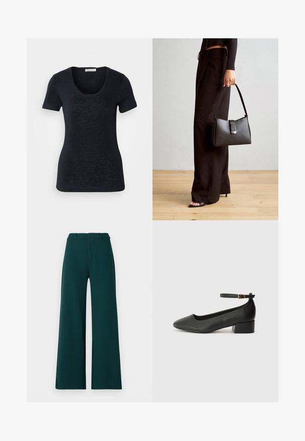 T-shirt nero a maniche corte con scollo rotondo, tessuto leggero e silhouette aderente, con leggere variazioni nel tessuto.; Pantaloni a gamba larga in tessuto verde scuro. Presentano una vita alta, pieghe frontali e passanti per la cintura. Texture liscia e design sartoriale.; Pump in pelle nera con punta affusolata e tacco basso a blocco. Presenta una cinghia alla caviglia con una fibbia in tonalità oro. Texture liscia.; Borsa nera con forma strutturata, texture liscia e una chiusura metallica. Abbinata a pantaloni neri larghi e sandali open-toe su un pavimento in legno.