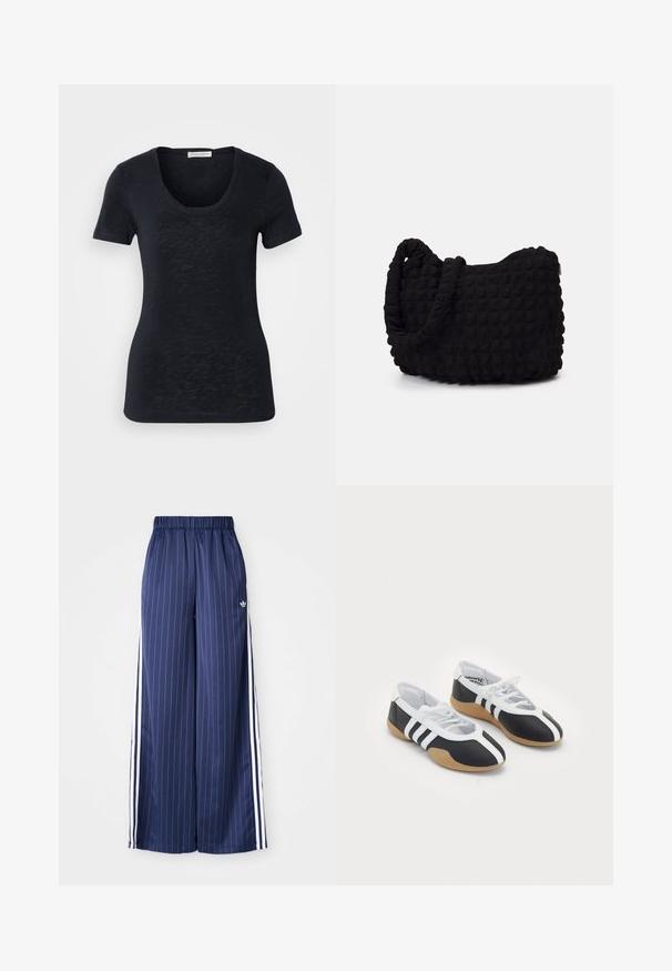 Zwarte short-sleeve t-shirt met een ronde halslijn, lichte textuur en een getailleerd silhouet, met subtiele variaties in de stof.; Navyblauwe wijde broek met verticale witte strepen, elastische tailleband en drie witte strepen aan elke kant, gemaakt van een lichtgewicht materiaal.; Zwart-witte sport schoenen met een slank ontwerp, rubberen zool, vetersluiting en drie witte strepen aan de zijkanten.; Zwarte stoffen tas met een gestructureerd, gewatteerd patroon. Rondvormig, korte, dikke handvatten en een zachte, flexibele structuur.