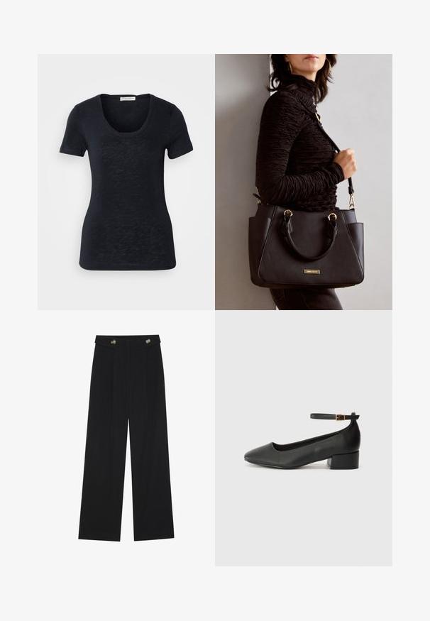 T-shirt preto de mangas curtas com decote em barco, textura leve e silhueta ajustada, apresentando variações subtis no tecido.; Calças largas pretas com cintura alta, detalhes em botão na cintura e pregas frontais.; Sandal de pele preta com bico pontiagudo e um salto bloco baixo. Apresenta uma tira no tornozelo com uma fivela em tom dourado. Textura suave.; Bolsa preta com superfície texturizada, alças superiores duplas e alça de ombro ajustável. Apresenta ferragens em tom dourado e bolsos laterais.