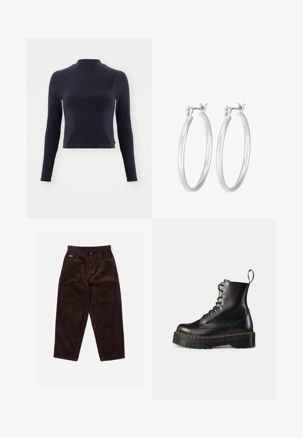 Marine langærmet crop top med høj hals. Lavet af blødt stof, har fitted design, diskret syninger og ingen synlige mønstre eller detaljer.; Brune kordfløjlsbukser med et lige ben snit, der har en frontknaplukning, fem lommer og en subtil tekstur fra stoffets ribben.; Sorte læder snørebånd ankelstøvler med en kraftig sort sål og gul syning. Har en trækflap bagpå og runde metaløjer.; Sølv hoop øreringe med en glat, poleret overflade. Rund form og sikker klik-lukning. Letvægtsdesign, der er velegnet til hverdagsbrug.