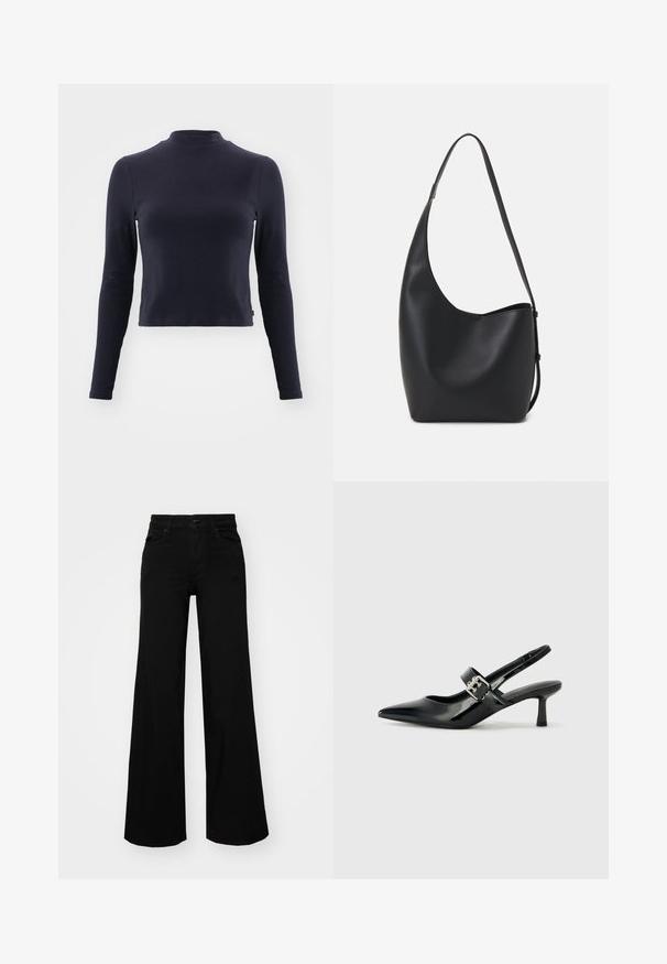 Mornarsko modra dolga majica s kratkim krojem in visokim ovratnikom. Narejena iz mehkega blaga, ima prilegajoč kroj, subtilne šive in brez vidnih vzorcev ali dodatkov.; Črne široke denim hlače s strukturiranim pasom, z zankami za pas in sprednjimi žepi. Gladka tekstura s klasičnim dizajnom.; Črne patent usnjene slingback pete s koničastim nosom in majhnim blok peto, ki vključujejo srebrno zaponko na traku.; Črna usnjena hobo torba z gladko teksturo, ukrivljeno obliko in eno nastavljivo naramnico; ima širok odprtina na vrhu.