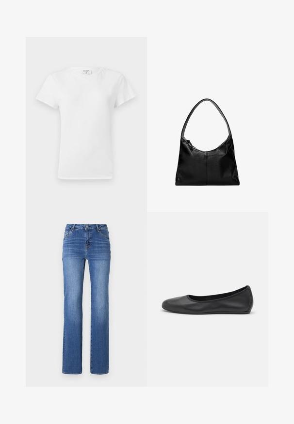 Hvid bomulds t-shirt med rund hals og korte ærmer, præsenteret i et afslappet fit og minimalistisk design. Etiketten er synlig ved halsen.; Blå denim jeans med lige pasform, fem lommer og knaplukning. Stoffet har en let gradientvask og synlige sømme.; Sort læderballetsko med rund tå, glat tekstur, minimal syning og et fleksibelt såldesign.; Sort læder skuldertaske med en glat overflade, en buet top og en enkelt rem. Har lynlåslukning og minimalistisk design.