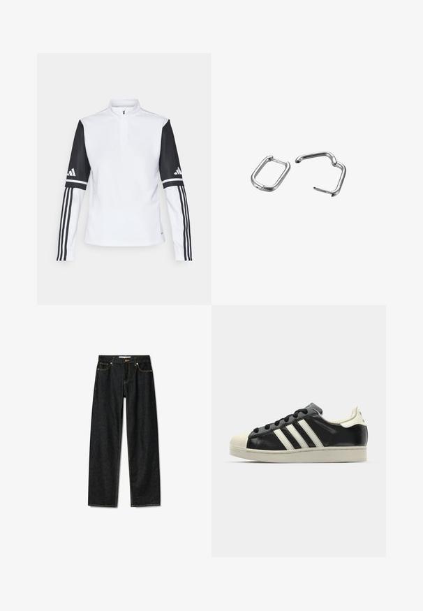 Witte sportieve pullover met een halve rits kraag, lange zwarte mouwen met drie witte strepen en het Adidas-logo op de schouders.; Donkerdenim jeans met een rechte snit, messing knoopsluiting en contrasterende gele stiksels. Beschikt over vijf zakken en een klassieke pasvorm.; Zwarte leren sneaker met witte strepen, rubberen teenbescherming, zwarte veters en een crèmekleurige loopzool. Glad oppervlak met een glanzende afwerking.; Zilveren metalen veerclips, één rechthoekig en één ovaal, met een glad oppervlak en afgeronde randen. Beide hebben een glanzende afwerking en een eenvoudig ontwerp.