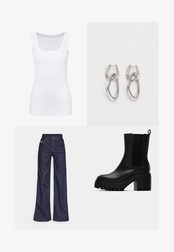White sleeveless tank top made of smooth fabric, featuring a rounded neckline and a fitted silhouette. No visible patterns or accents.; Dark blue wide-leg jeans in denim fabric with a high waist, featuring orange stitching, five-pocket design, and a button closure.; Black leather ankle boot with round toe, chunky platform sole, and mesh side accents. Features a pull tab for easy wear.; Calvin Klein STATEMENT LINKS - Earrings - silver-coloured