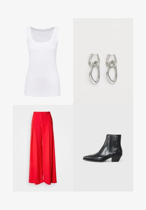 Weißes ärmelloses Tanktop aus glattem Stoff mit runder Ausschnittlinie und taillierter Silhouette. Keine sichtbaren Muster oder Akzente.; Rote weit geschnittene Hosen aus glattem Stoff, mit vorderen Falten, flachem Bund und taillierter Passform. Das Design betont eine fließende Silhouette.; Schwarze Leder-Ankle-Boots mit spitzem Zehenbereich, seitlichen elastischen Einsätzen mit vertikalen Rillen und einem niedrigen Blockabsatz. Glatte Textur und elegantes Design.; Calvin Klein STATEMENT LINKS - Ohrringe - silver-coloured