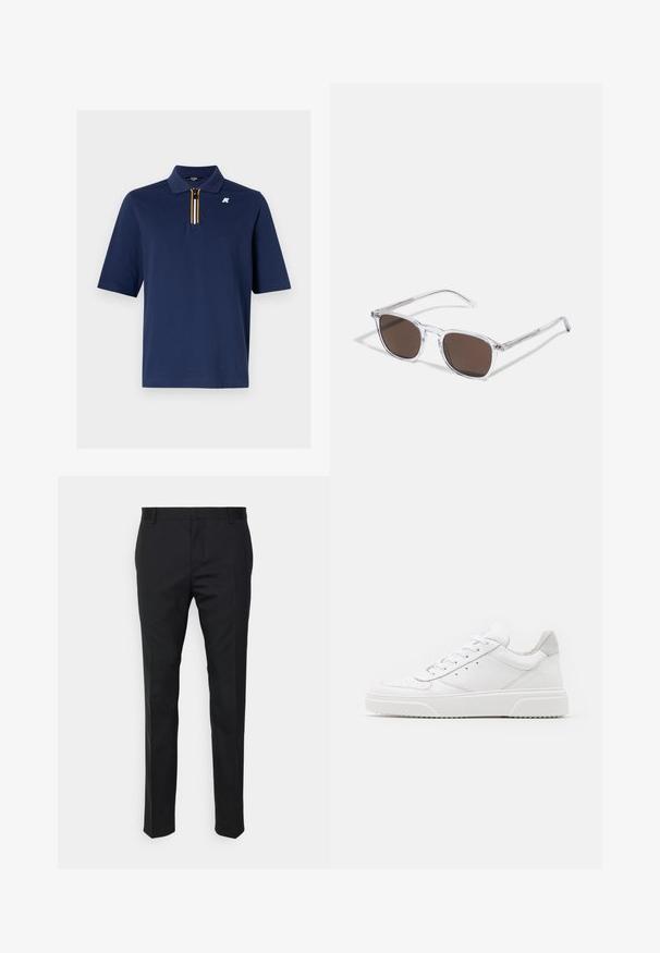 Marineblå polo skjorte laget av bomull med kort glidelås og detaljer i gult, hvitt og svart. Har en liten logo på brystet.; Svarte skreddersydde bukser med rett passform, laget av glatt materiale. Har beltehemper og pressfolddetaljer foran.; Hvite skinnsko med en glat overflate, rund tå, flate lisser og teksturert såle. Grå semsket innfelt ved hælen.; Klare plastikk solbriller med rektangulære brune linser, med tynne, gjennomsiktige armer og metalldetaljer på templene.