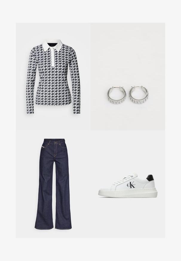 Polo a maniche lunghe con motivo pied de poule in navy e bianco. Presenta un colletto bianco e una fila di bottoni, realizzato in un tessuto morbido.; Jeans a gamba larga di denim blu scuro con vita alta, caratterizzati da cuciture arancioni, design a cinque tasche e chiusura con bottone.; Sneaker bassa bianca con tassello nero sul tallone, suola a piattaforma, lacci e logo "CK" di Calvin Klein sul lato.; Orecchini a cerchio in argento con un design testurizzato caratterizzato da scanalature verticali. Forma circolare con una chiusura a scatto sicura. Finitura liscia.