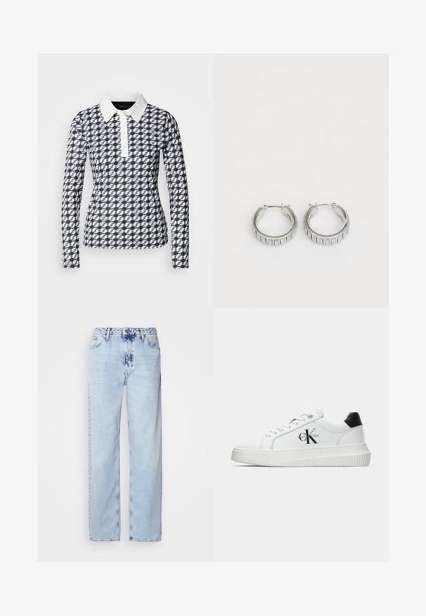 Cămașă polo cu mânecă lungă, cu un model houndstooth în nuanțe de bleumarin și alb. Prezintă un guler alb și închidere cu butoane, realizată dintr-un material neted.; Jeans lejere de culoare albastru deschis, realizate din denim, având talie înaltă, spălare ușoară și un model subtil de tie-dye pe partea din față.; Adidași albi cu glezna joasă, cu tab-ul de călcâi negru, talpă platformă, șireturi și logo-ul "CK" de la Calvin Klein pe lateral.; Cercei din argint în formă de cerc cu un design texturat, ce prezintă striții verticale. Formă circulară cu un sistem de închidere sigur. Finisaj neted.